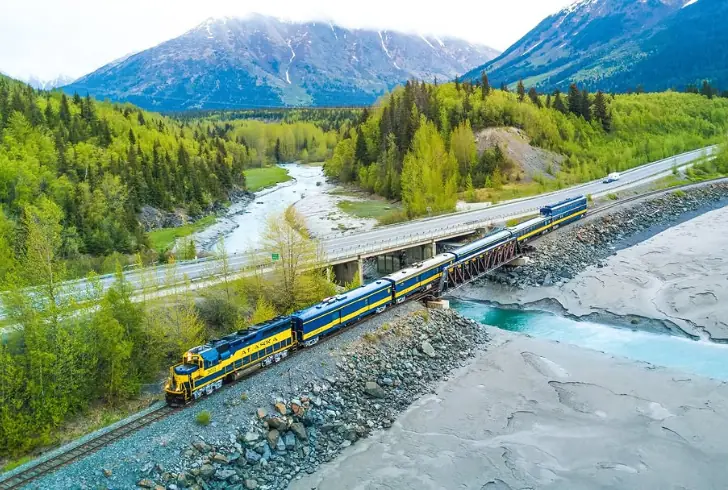 Alaska Railroad train with scenic views.